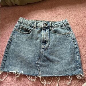 Blue Denim Mini Skirt with Frayed Hem